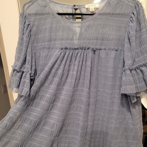 Max Studio Womens Cambray Stripe Sheer-yoke Crew Neck Blouse Size L - Picture 5 of 6